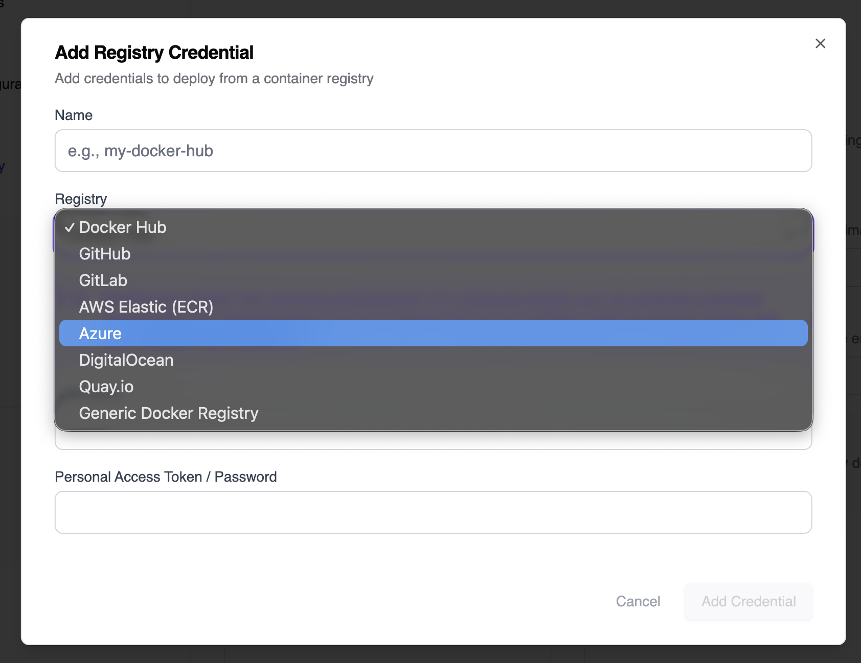 Add Registry Credential dialog